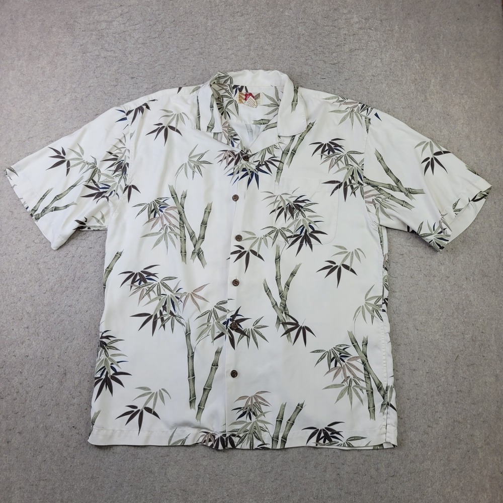 Hilo Hattie Mens Silk Aloha Shirt Button Up Hawaiian Bamboo Size Medium Summer
